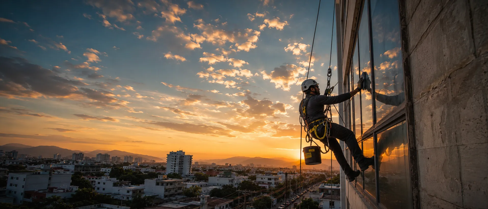 Técnico de PREVILAB S.A.S. realizando trabajo seguro en alturas en la fachada de un edificio.