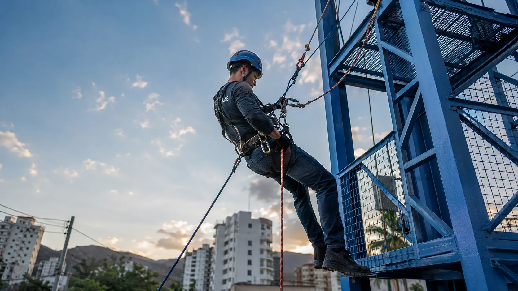 Técnico de PREVILAB S.A.S. descendiendo en rappel por la torre de entrenamiento en Santa Marta.