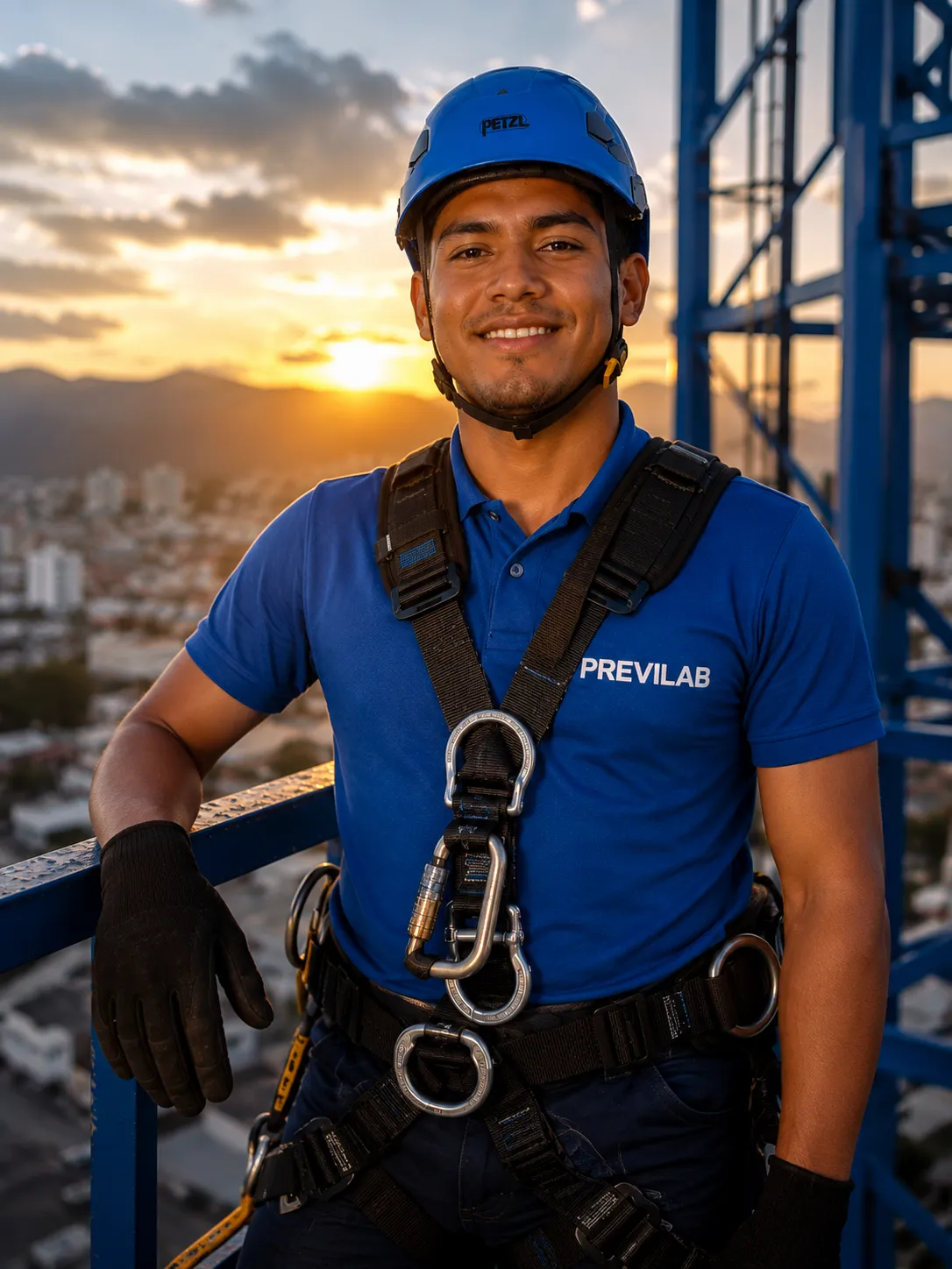 Técnico certificado de PREVILAB S.A.S. con su equipo de protección, sobre la torre de entrenamiento.